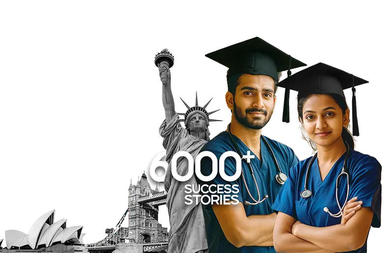 NCLEX RN coaching centre in Kerala with nursing graduates, global landmarks, and '6000+ Success Stories