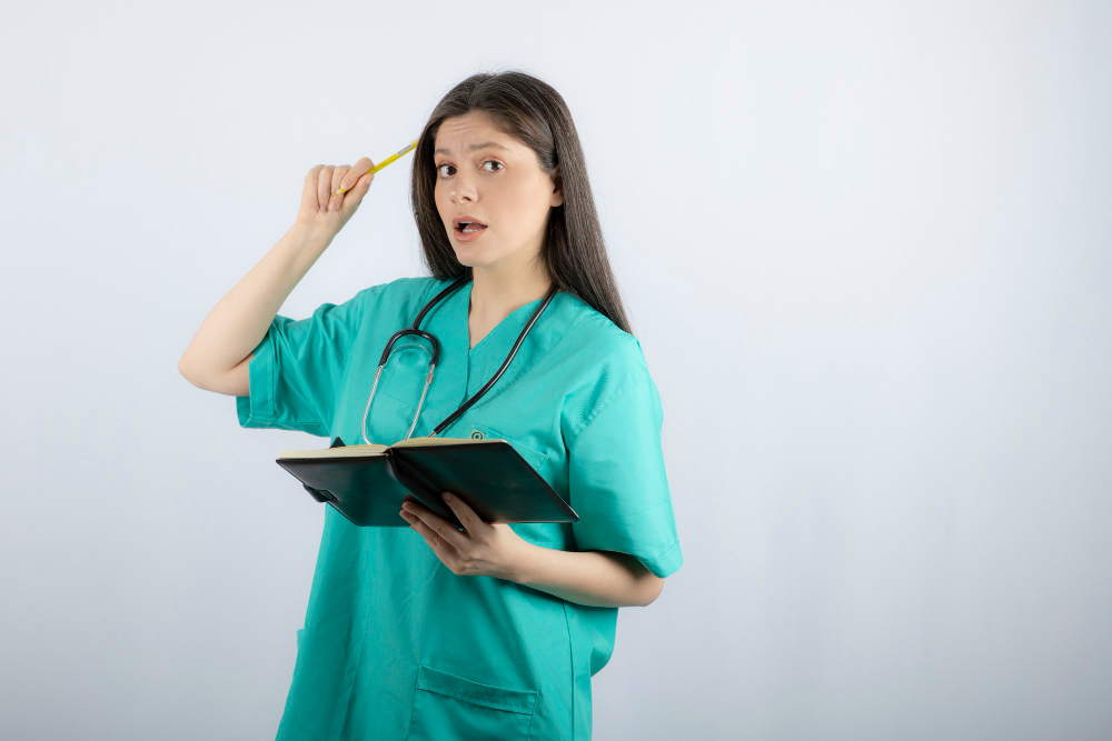 Nurse reviewing NCLEX-RN study material with a notebook and pen