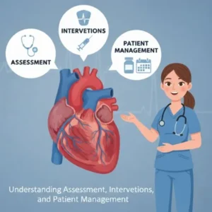 nfographic of a nurse reviewing myocardial infarction concepts for the NCLEX exam.