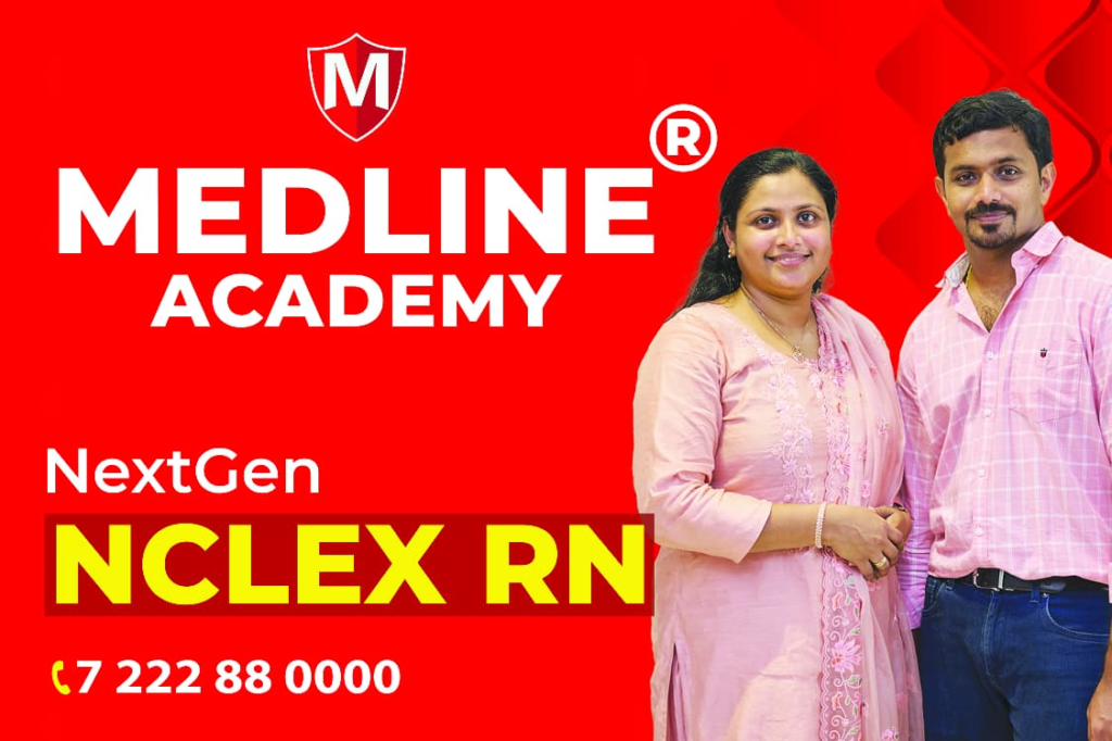 Medline Academy® NextGen NCLEX-RN red banner featuring founders Ainstin S Dennis and Tincy Mathew