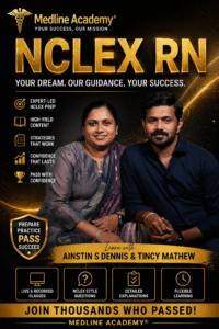Best NCLEX RN Classes in Kerala at Medline Academy featuring system-based training, adaptive mock exams, and 1 to 1 mentorship for first attempt success