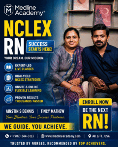 Medline Academy® NCLEX RN Coaching Centre in Kerala led by Ainstin S Dennis and Tincy Mathew delivering NGN 2026 clinical judgment training with proven results system