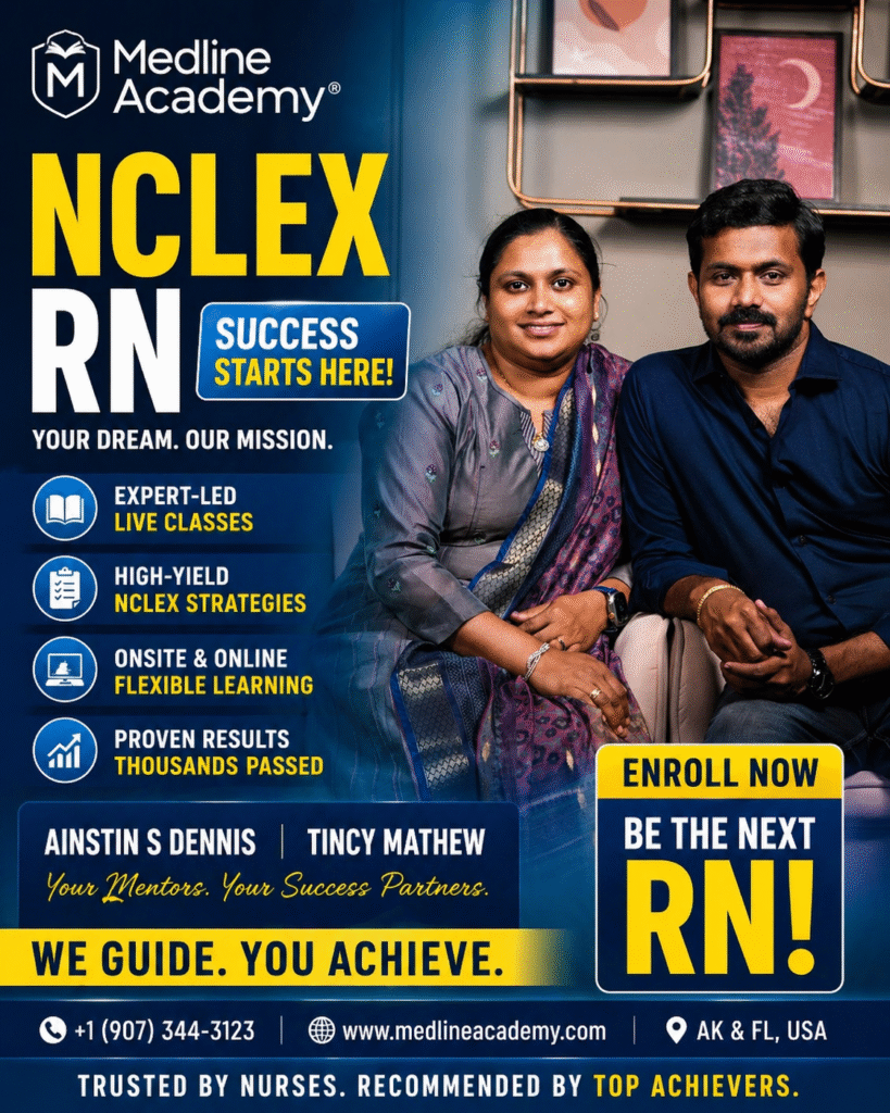 Medline Academy® NCLEX RN Coaching Centre in Kerala led by Ainstin S Dennis and Tincy Mathew delivering NGN 2026 clinical judgment training with proven results system