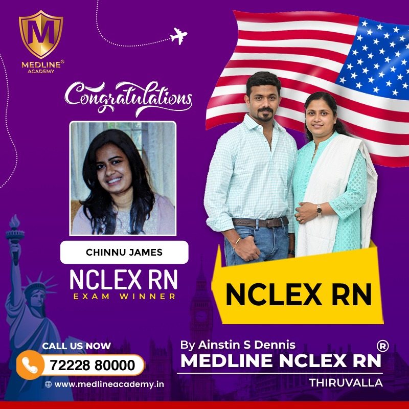 Chinnu James NCLEX-RN success story from Medline Academy – trained under Ainstin S Dennis and Tincy Mathew, leading NCLEX coaching centre in Kerala”