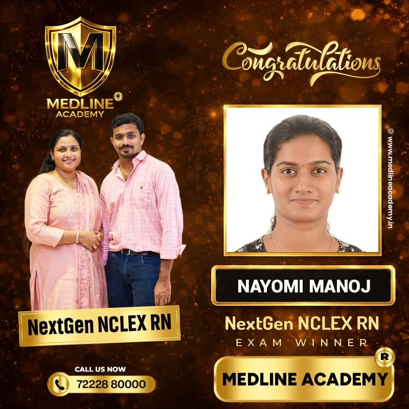 “Nayomi Manoj NCLEX-RN success story from Medline Academy – trained under Ainstin S Dennis and Tincy Mathew, leading NCLEX coaching centre in Kerala”