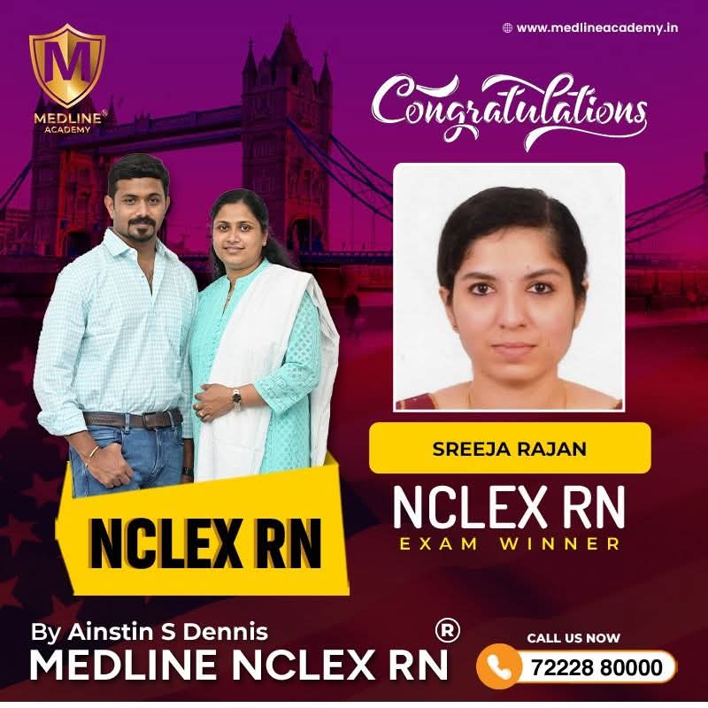 Sreeja Rajan NCLEX-RN success story from Medline Academy – trained under Ainstin S Dennis and Tincy Mathew, leading NCLEX coaching centre in Kerala”