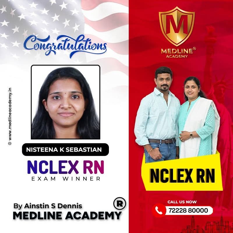 “Nisteena K Sebastian NCLEX-RN success story from Medline Academy – trained under Ainstin S Dennis and Tincy Mathew, leading NCLEX coaching centre in Kerala”