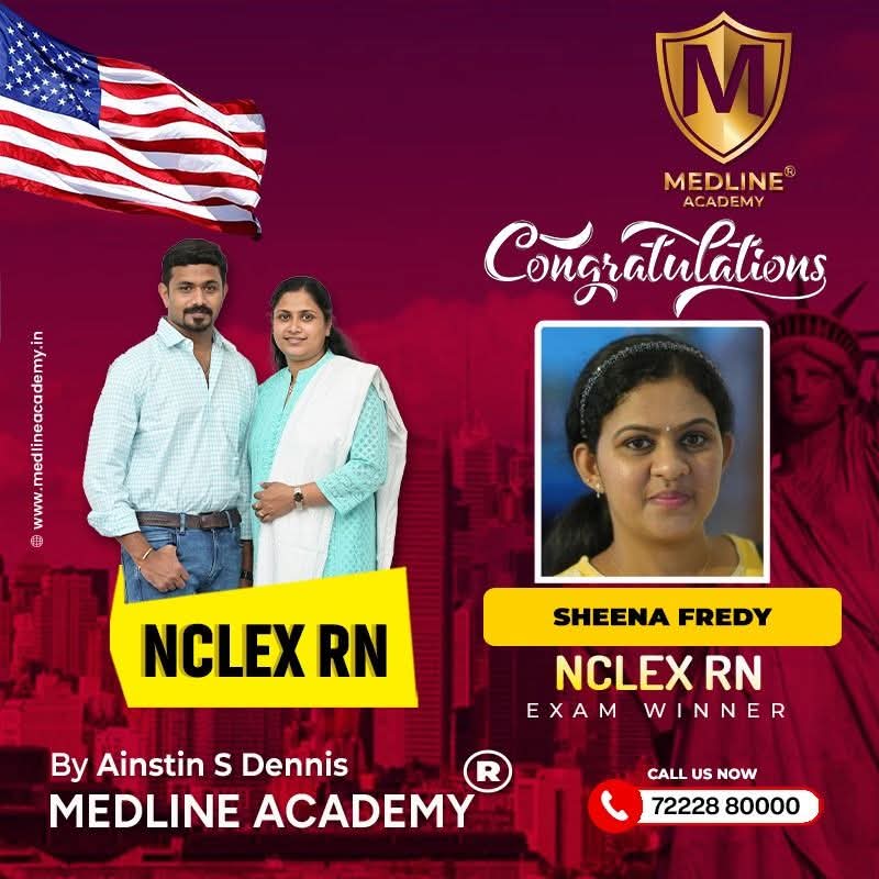 Sheena Fredy NCLEX-RN success story from Medline Academy – trained under Ainstin S Dennis and Tincy Mathew, leading NCLEX coaching centre in Kerala