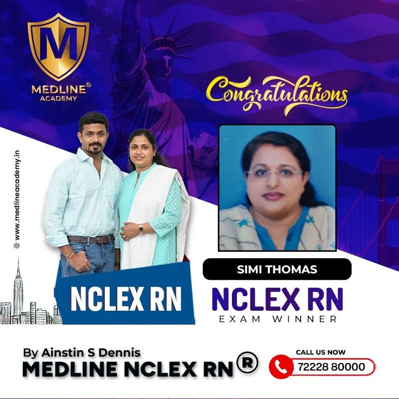“SimiThomas NCLEX-RN success story from Medline Academy – trained under Ainstin S Dennis and Tincy Mathew, leading NCLEX coaching centre in Kerala”