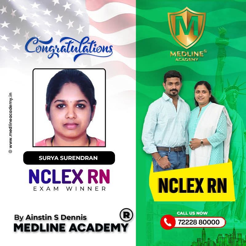 “ASurya Surendran NCLEX-RN success story from Medline Academy – trained under Ainstin S Dennis and Tincy Mathew, leading NCLEX coaching centre in Kerala”