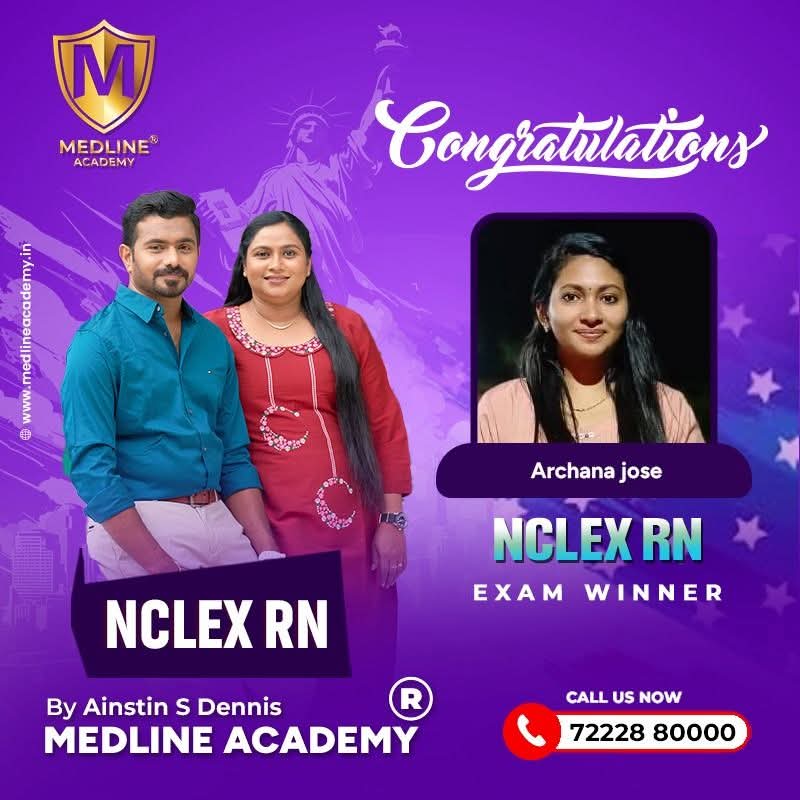 “Archana jose NCLEX-RN success story from Medline Academy – trained under Ainstin S Dennis and Tincy Mathew, leading NCLEX coaching centre in Kerala”