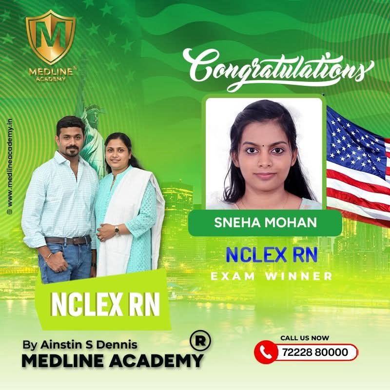 “Sneha Mohan NCLEX-RN success story from Medline Academy – trained under Ainstin S Dennis and Tincy Mathew, leading NCLEX coaching centre in Kerala”