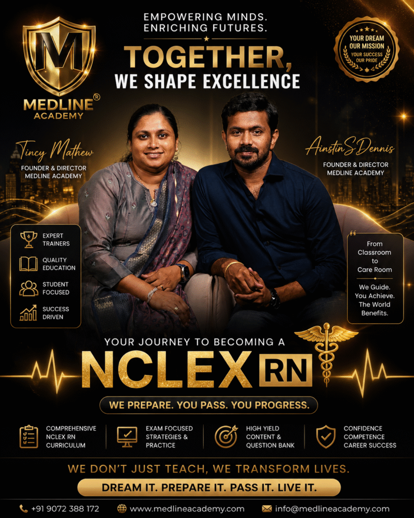 “Medline Academy NCLEX RN Coaching Centre in Kerala led by Ainstin S Dennis and Tincy Mathew – Best NCLEX RN Classes Kerala with NextGen NCLEX training, clinical judgment model and daily live sessions”