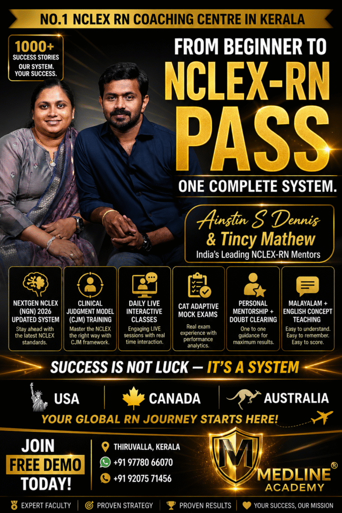 “Medline Academy Kerala – NCLEX RN Training by Ainstin S Dennis and Tincy Mathew, No 1 NCLEX RN Coaching Centre in Kerala helping nurses achieve USA Canada Australia RN success”