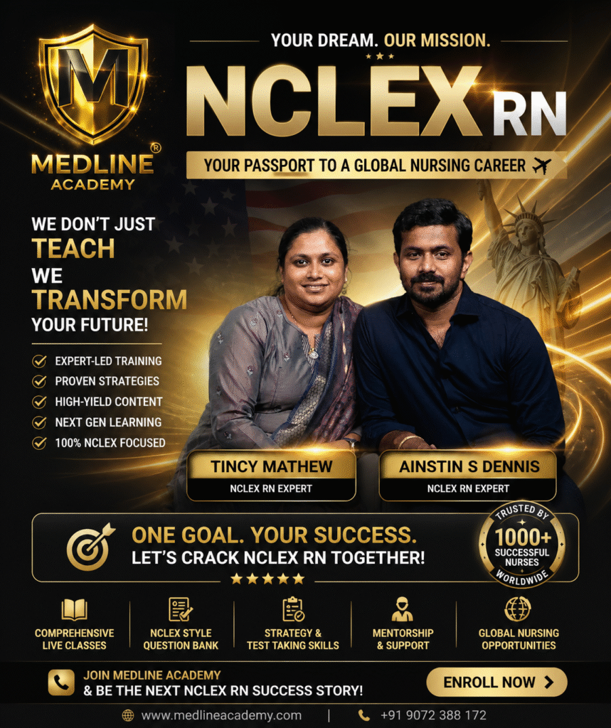 “Best NCLEX RN Coaching Centre in Kerala Medline Academy founded by Ainstin S Dennis and Tincy Mathew providing NCLEX RN classes Kerala, adaptive mock tests, NextGen NCLEX case studies and personal mentorship for global nursing success”