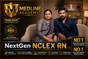 Medline Academy® NextGen NCLEX-RN Training Kerala with Clinical Judgment Model preparation, CAT adaptive mock exams, Malayalam and English live classes led by Ainstin S Dennis and Tincy Mathew