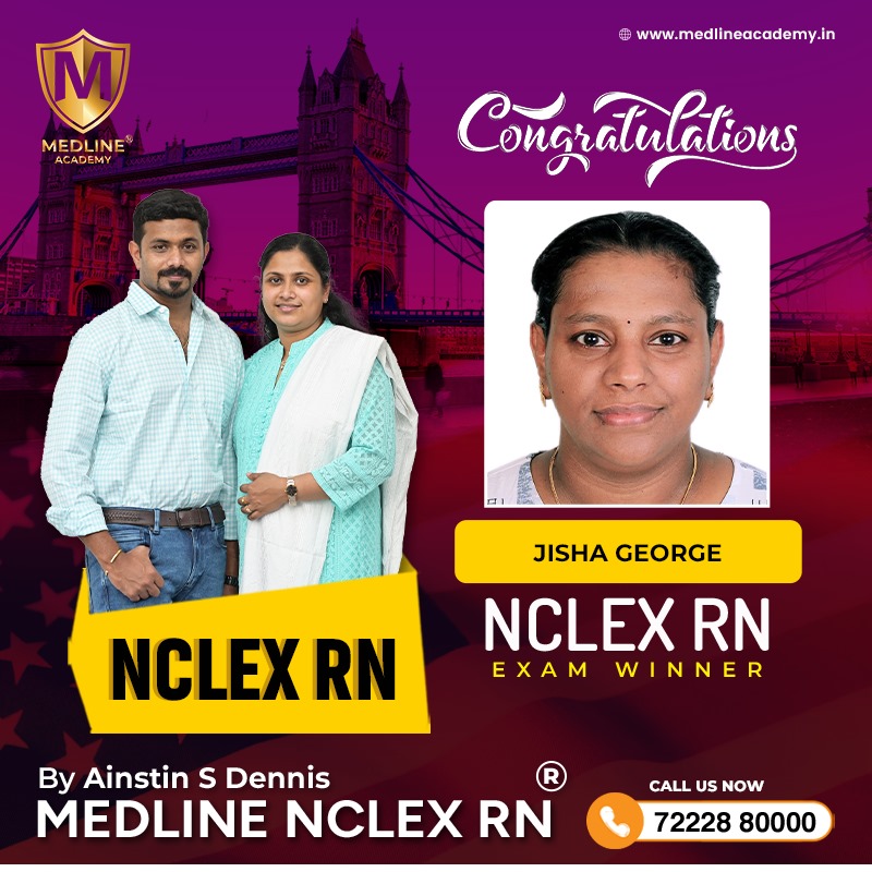 “Jisha George NCLEX-RN success story from Medline Academy – trained under Ainstin S Dennis and Tincy Mathew, leading NCLEX coaching centre in Kerala”