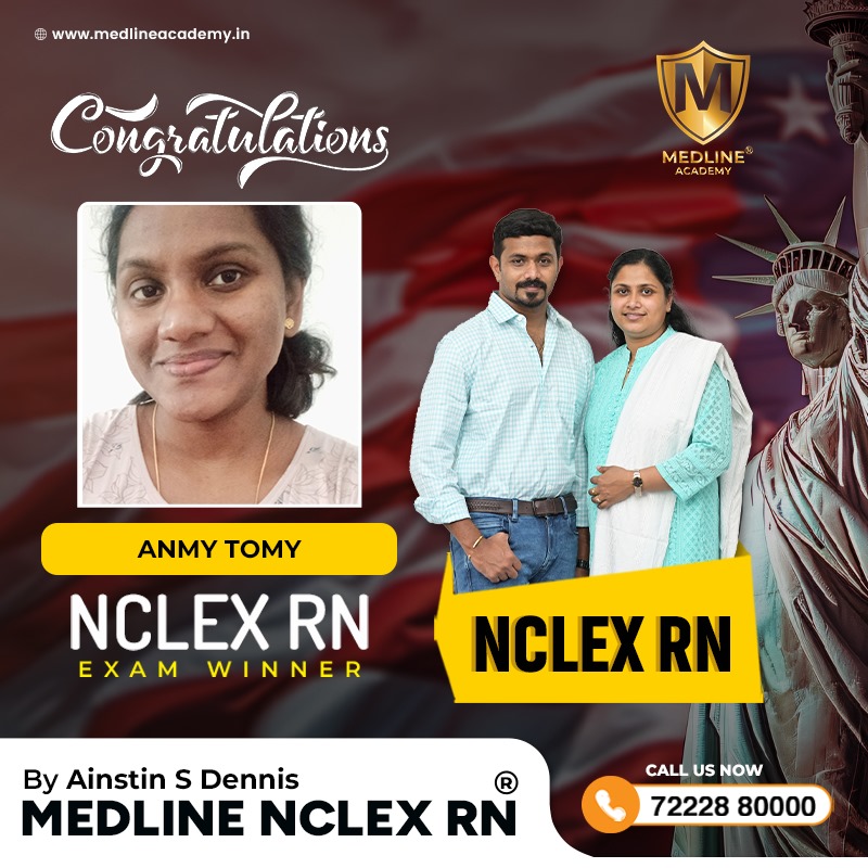 “Anmy Tomy NCLEX-RN success story from Medline Academy – trained under Ainstin S Dennis and Tincy Mathew, leading NCLEX coaching centre in Kerala”