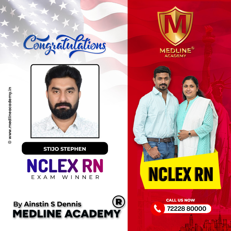 Stijo Stephen NCLEX-RN success story from Medline Academy – trained under Ainstin S Dennis and Tincy Mathew, leading NCLEX coaching centre in Kerala”