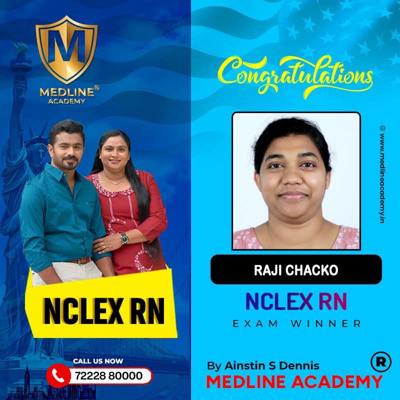 “Raji chacko NCLEX-RN success story from Medline Academy – trained under Ainstin S Dennis and Tincy Mathew, leading NCLEX coaching centre in Kerala”