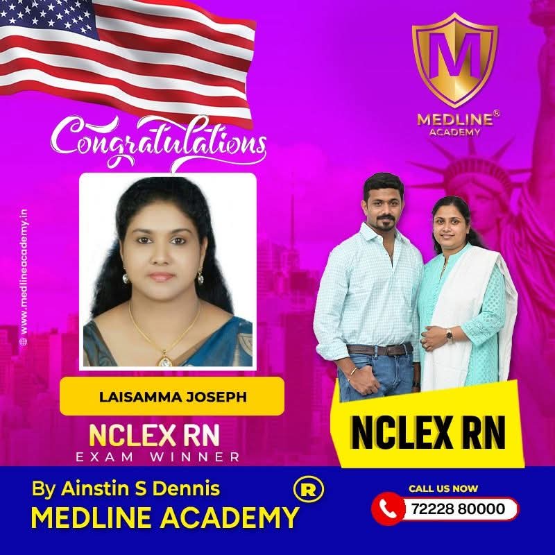 “Laisamma Joseph NCLEX-RN success story from Medline Academy – trained under Ainstin S Dennis and Tincy Mathew, leading NCLEX coaching centre in Kerala”