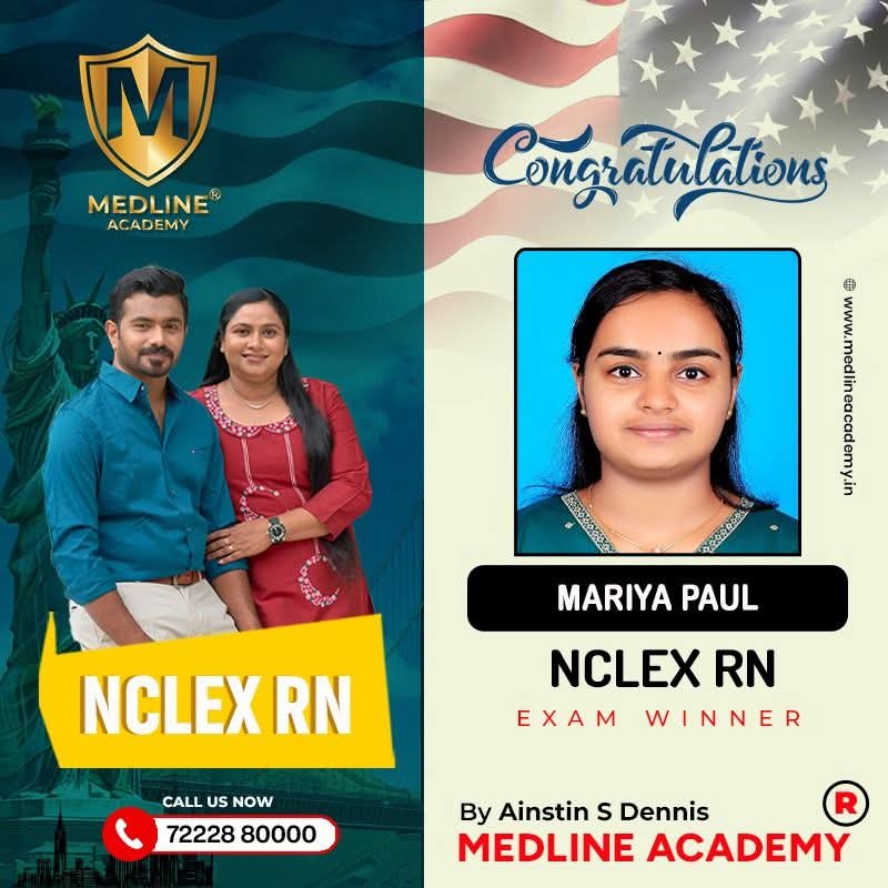 “Mariya Paul NCLEX-RN success story from Medline Academy – trained under Ainstin S Dennis and Tincy Mathew, leading NCLEX coaching centre in Kerala”