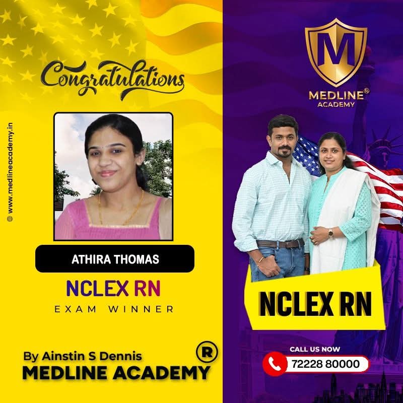 “Athira Thomas NCLEX-RN success story from Medline Academy – trained under Ainstin S Dennis and Tincy Mathew, leading NCLEX coaching centre in Kerala”