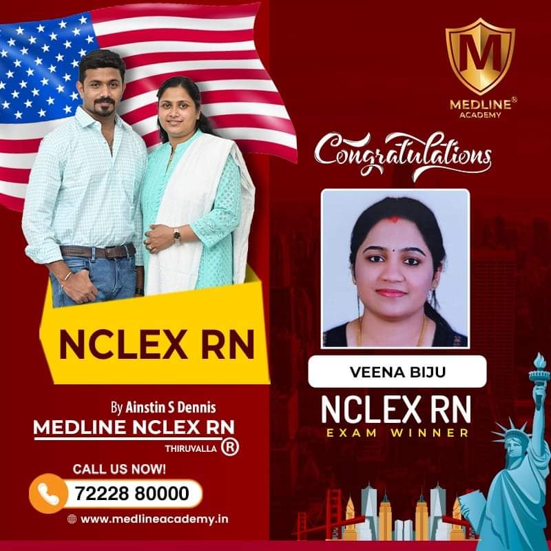 “Veena Biju NCLEX-RN success story from Medline Academy – trained under Ainstin S Dennis and Tincy Mathew, leading NCLEX coaching centre in Kerala”