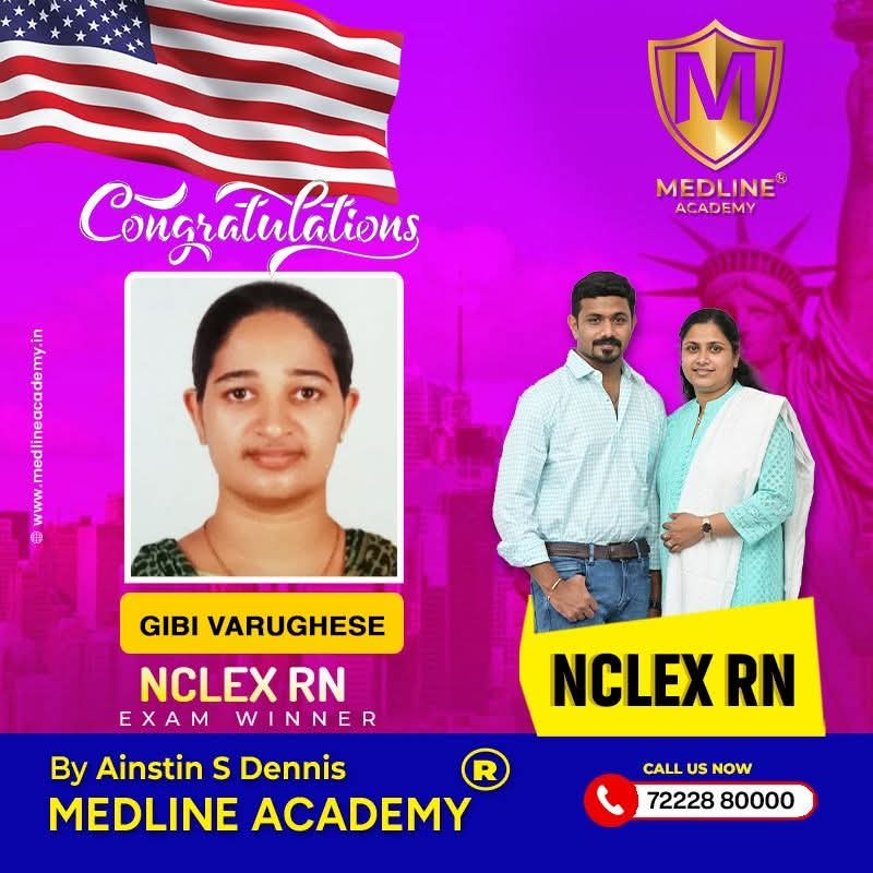 “Giby Varghese NCLEX-RN success story from Medline Academy – trained under Ainstin S Dennis and Tincy Mathew, leading NCLEX coaching centre in Kerala”