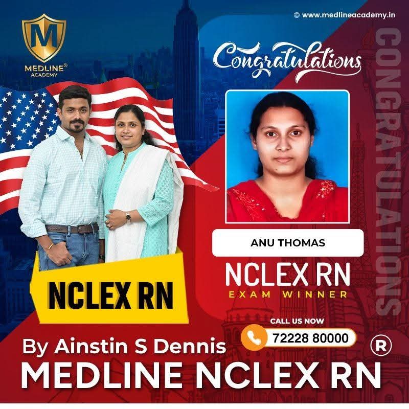 “Anu Thomas NCLEX-RN success story from Medline Academy – trained under Ainstin S Dennis and Tincy Mathew, leading NCLEX coaching centre in Kerala”