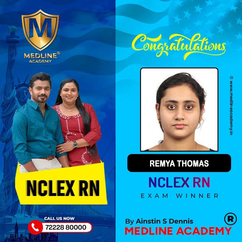 “Remya Thomas NCLEX-RN success story from Medline Academy – trained under Ainstin S Dennis and Tincy Mathew, leading NCLEX coaching centre in Kerala”