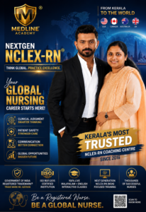 "Medline Academy NCLEX-RN advertisement featuring Ainstin S Dennis and Tincy Mathew promoting global nursing careers with NextGen NCLEX-RN training."