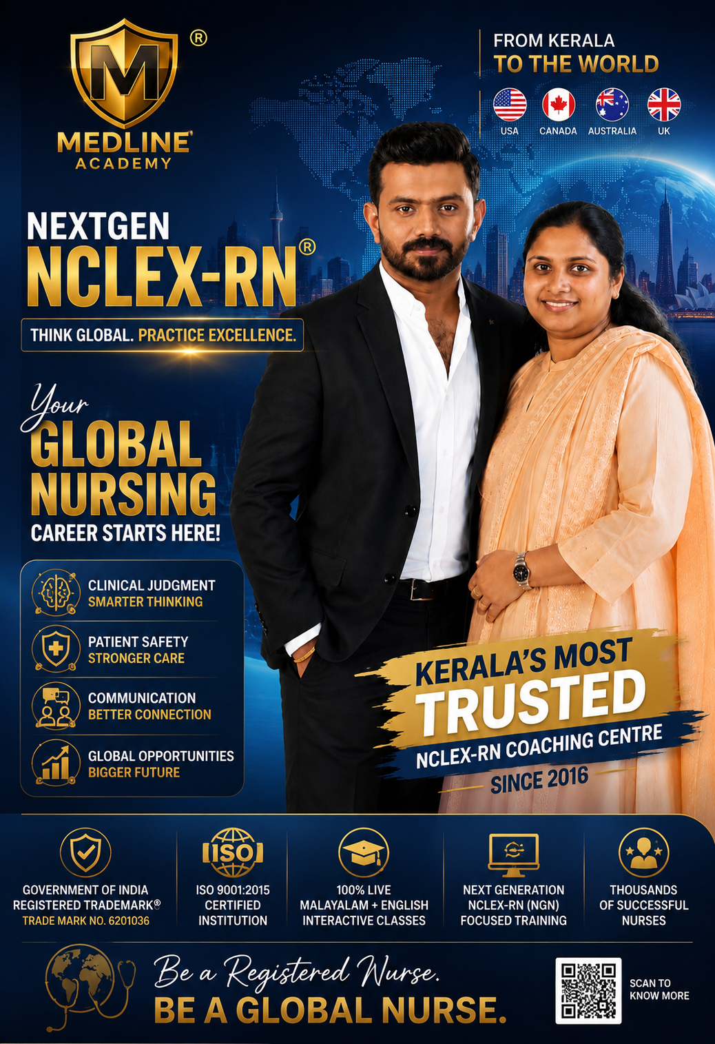 "Medline Academy NCLEX-RN advertisement featuring Ainstin S Dennis and Tincy Mathew promoting global nursing careers with NextGen NCLEX-RN training."