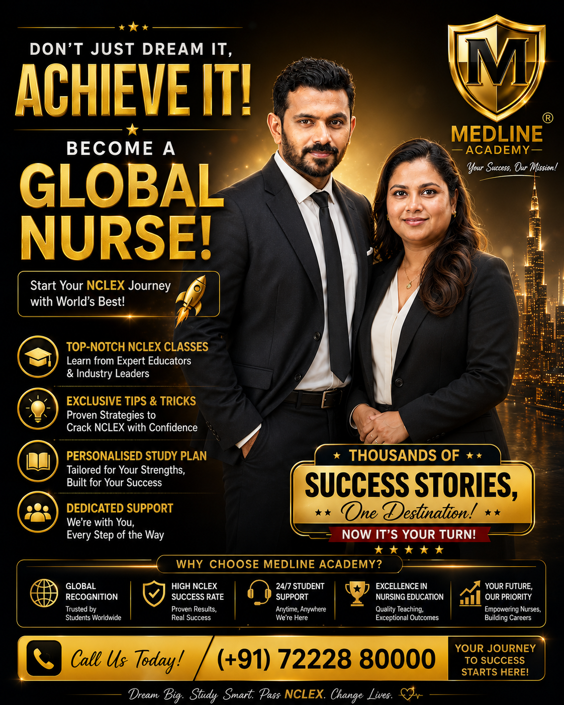 "International nurses collaborating in a modern hospital, representing the future of global healthcare and nursing leadership."