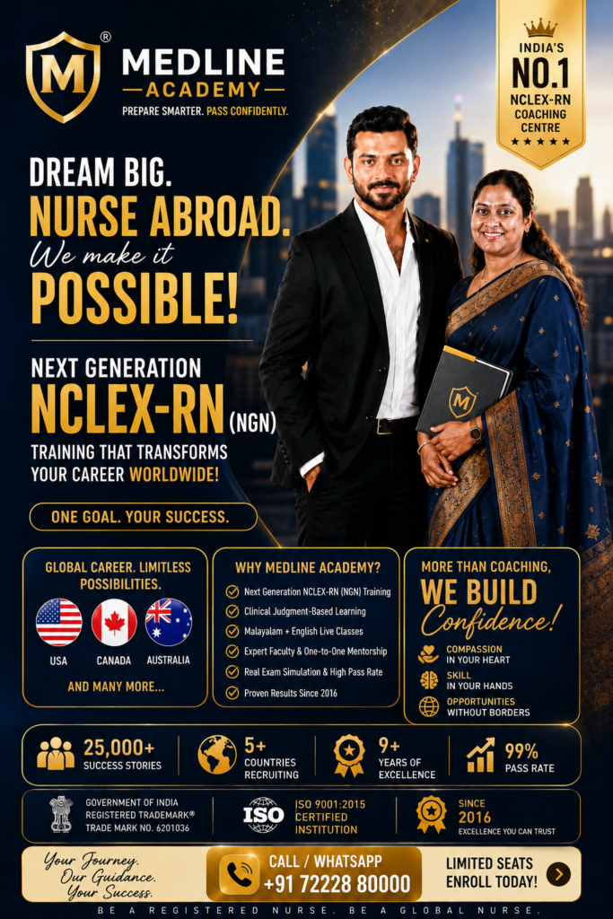 "NCLEX-RN clinical judgment and patient safety training at Medline Academy Kerala"