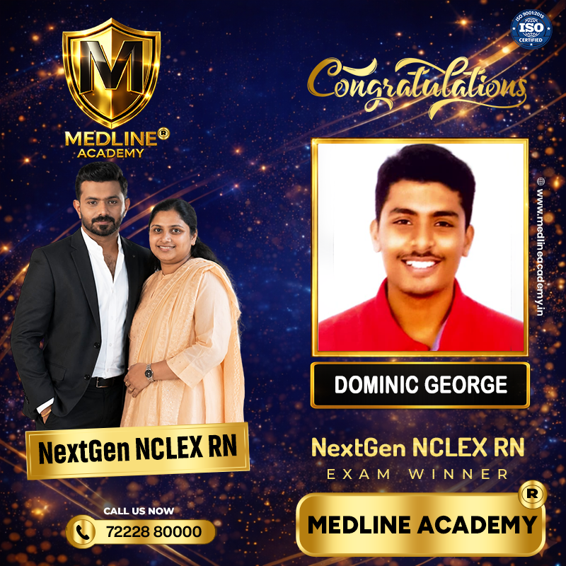 “Dominic George NCLEX-RN success story from Medline Academy – trained under Ainstin S Dennis and Tincy Mathew, leading NCLEX coaching centre in Kerala”